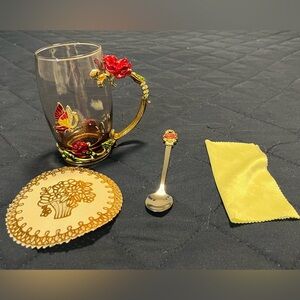 NWOT Luxury Classic Enamel Cup, Spoon, Coaster & cleaning cloth.